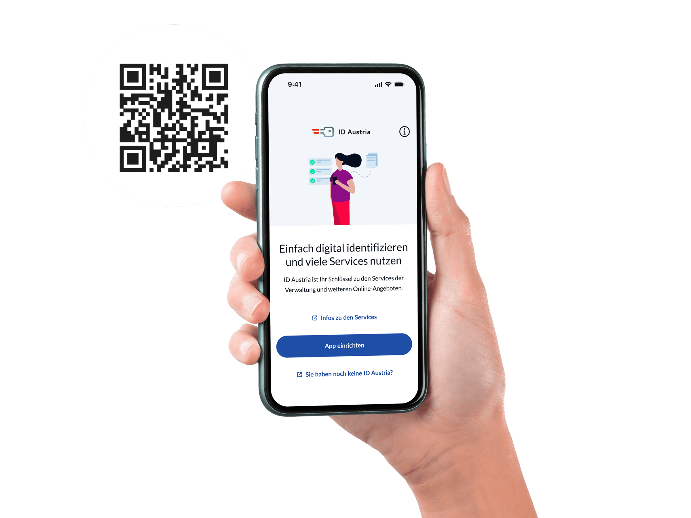 Eine Hand mit Smartphone, welches die App „ID Austria“ zeigt