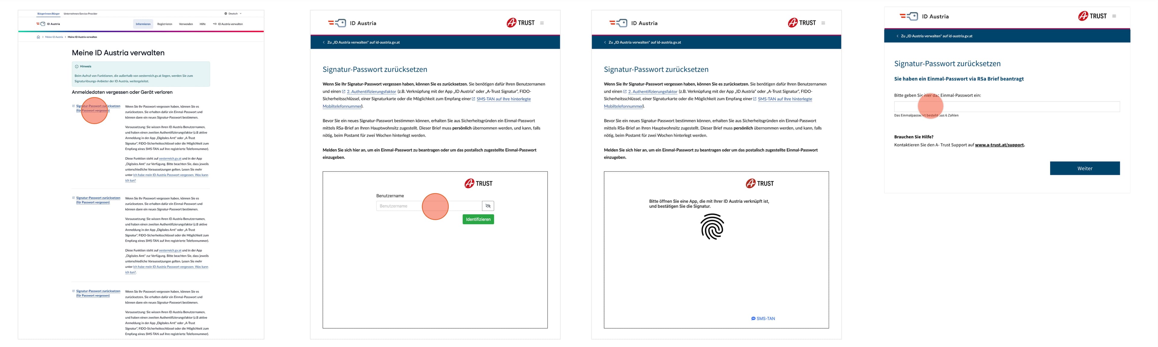Darstellung der Bildschirme für den Funktionsablauf "Passwort zurücksetzen" im Web - Teil 1 