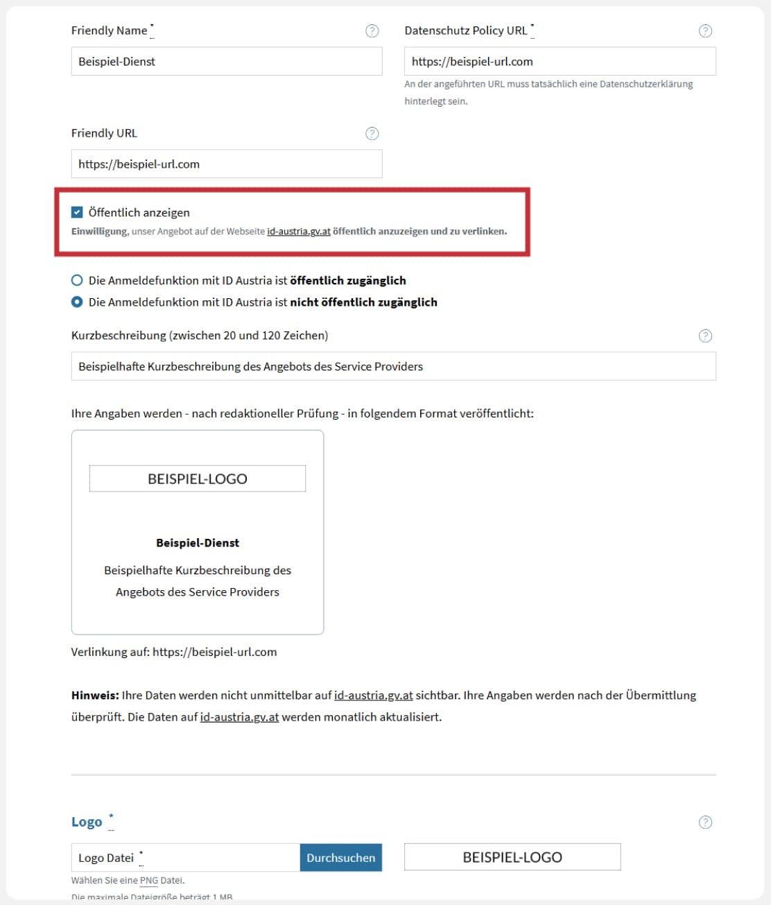 Ansicht der Einstellung „Öffentlich anzeigen“ im IDA-SPR