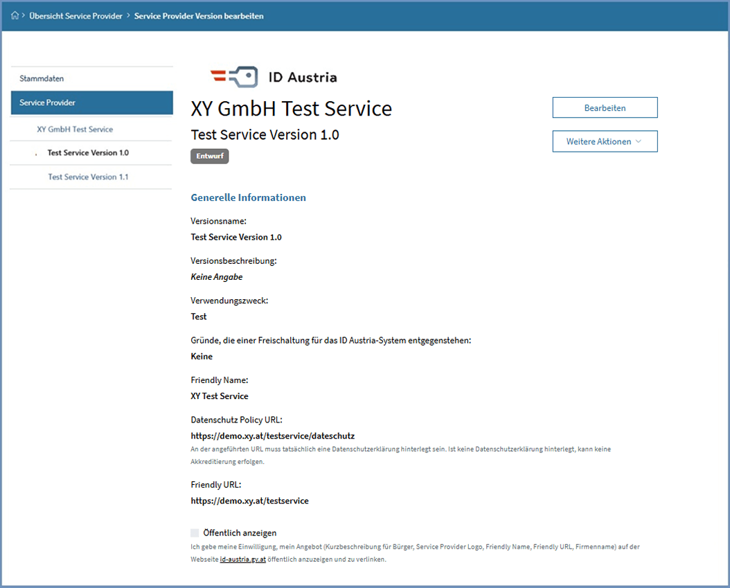 Detailansicht einer inaktiven Version des Service Providers ‚EGIZ OIDC‘
