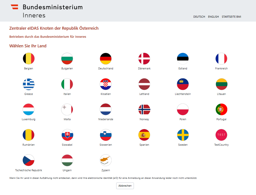 Auswahl Land Test Login
