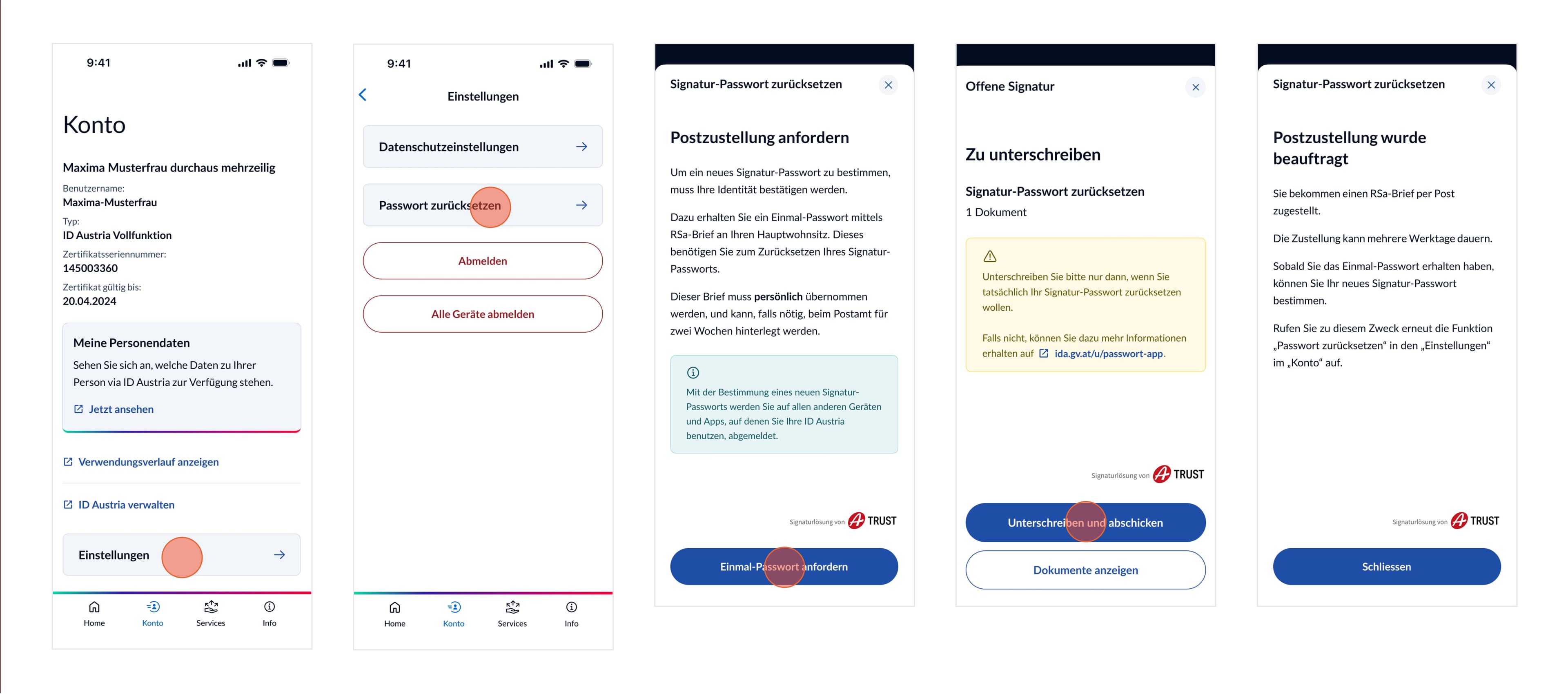 Darstellung der Bildschirme für den Funktionsablauf „Passwort zurücksetzen“ in der App – Teil 2
